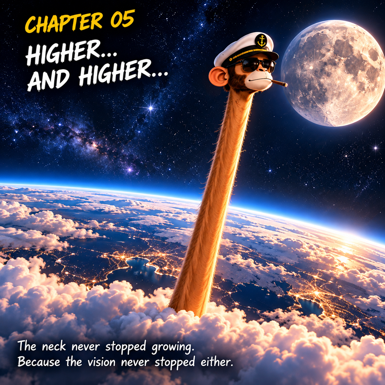 Chapter 05: Extremely long neck rising from Earth’s clouds into space toward the Moon