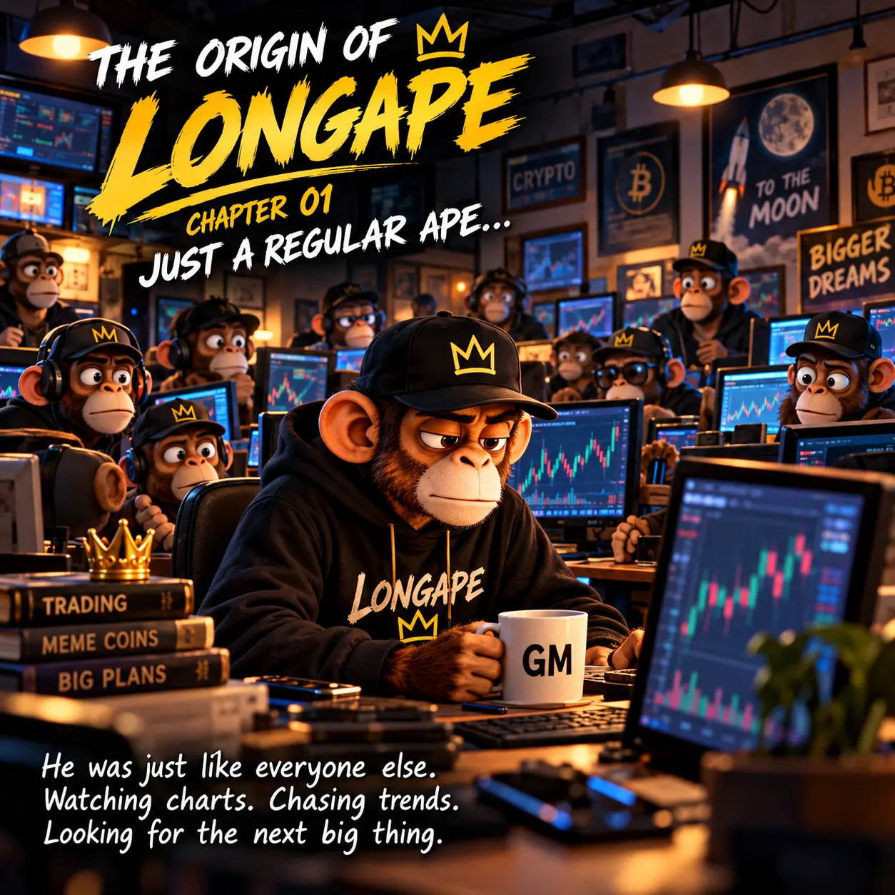 Chapter 01: Regular ape in a crowded crypto trading room holding a GM mug