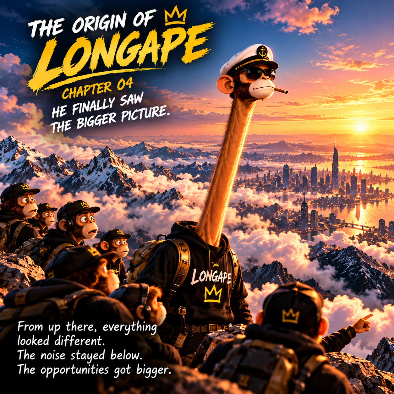 Chapter 04: Long-necked captain LONGAPE above mountains and clouds looking at the city