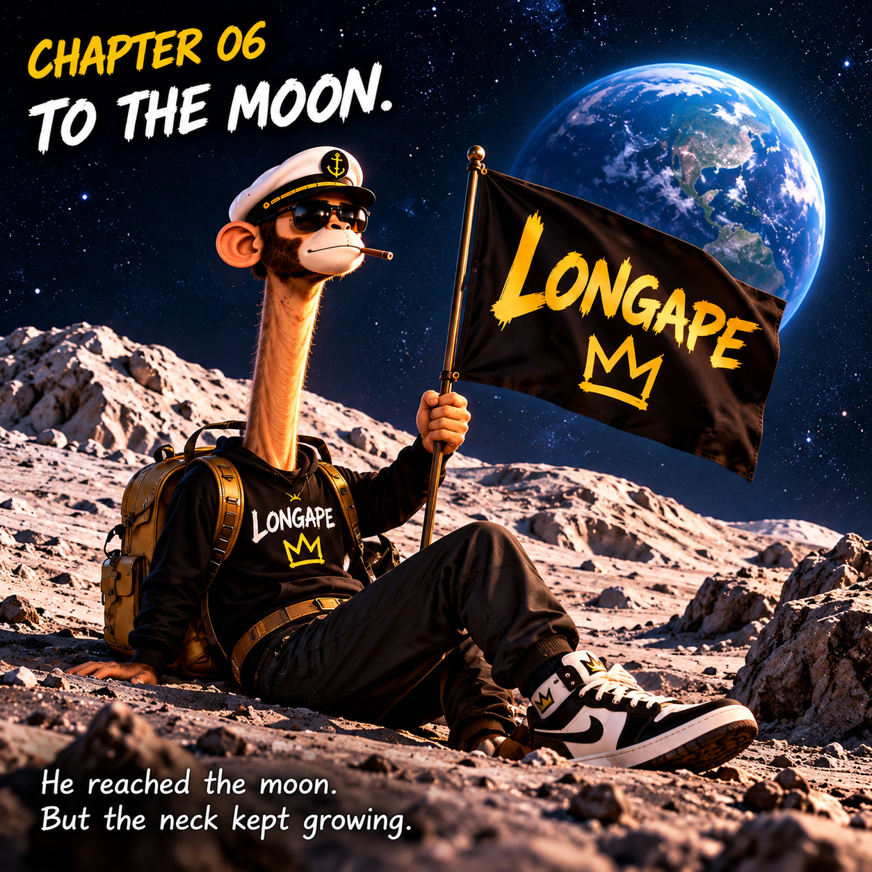 Chapter 06: LONGAPE on the Moon holding a black and yellow LONGAPE flag with Earth behind